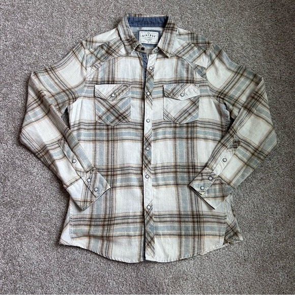 BKE Other - BKE Vintage Tailored Fit Plaid Western Pearl Snap Shirt Mens Medium Cream Blue